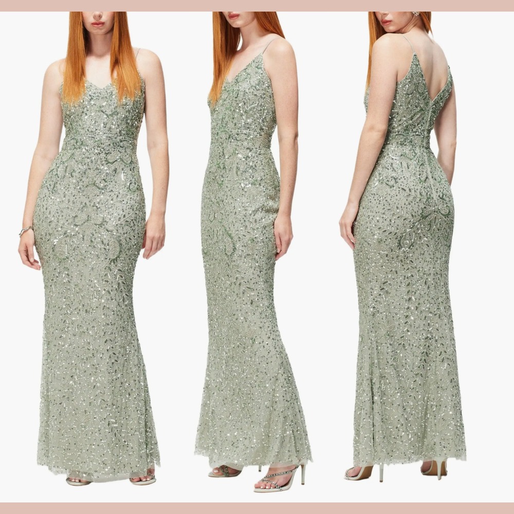 NWT $300‎ BEAUUT [ 10 ] V Neck Embellished Sequin Beaded Gown Sage Green J2032